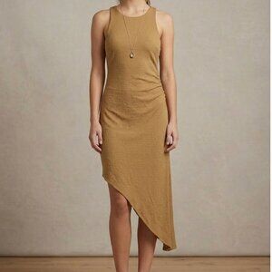 All:Row Tan Asymmetrical Dress Size M Sleeveless Ruched Midi Minimal